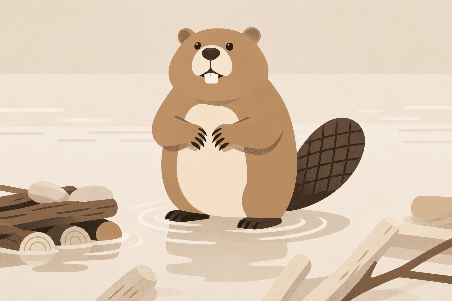 A beaver standing in shallow water beside its dam